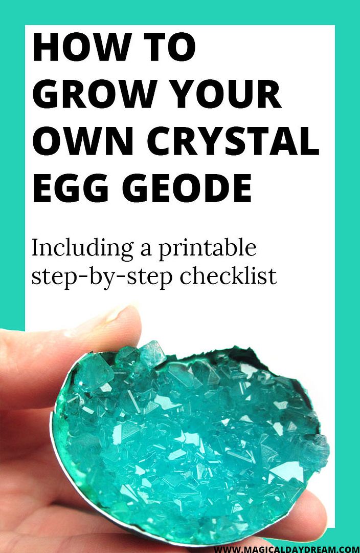 How to make crystal egg geodes (or diamonds in a lid) - Magical Daydream: grow your own crystal egg geode in an eggshell with alum, fun DIY, craft or science project for children. Including a free printable checklist in blogpost