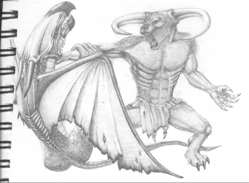 Minotaur fighting a dragon