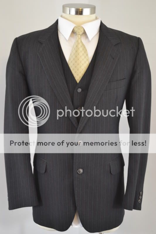 Vintage MOD Mens Black Pinstripe Wool 2 Button 3 Piece Vest Suit (40R 