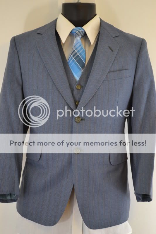 Vintage Mens Blue 2 Button Pinstripe 3 Piece Vest Suit (36R)  